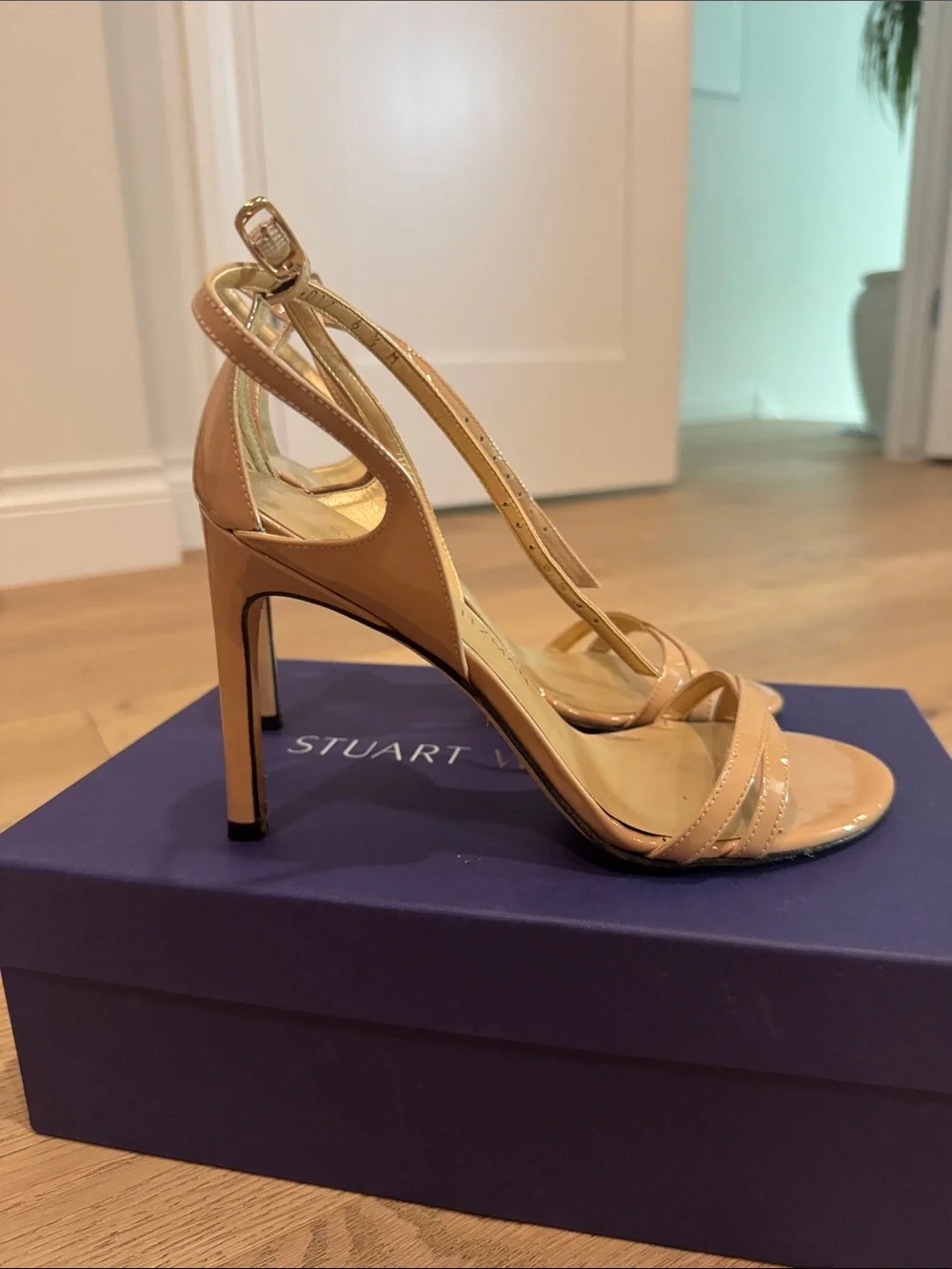 Stuart Weitzman Patent Camel Ankle-Strap Heels